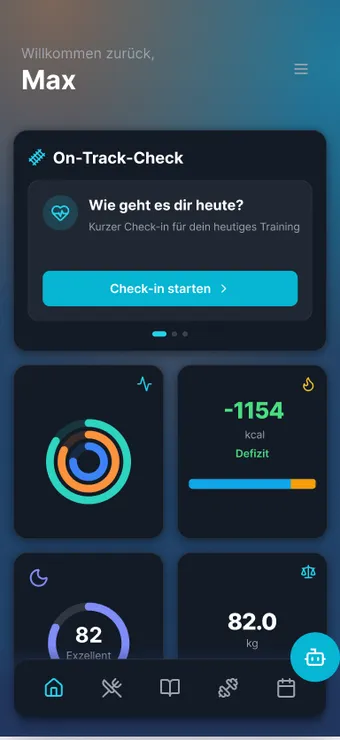 Dashboard der MAXIMUM-Workouts-App mit On-Track-Check und dem schwebenden Knopf für den KI-Coach