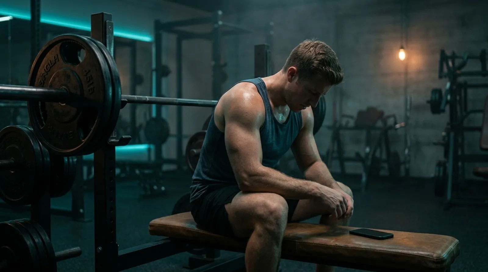 AI-generated scene: athlete sitting on the bench between two sets, smartphone next to him