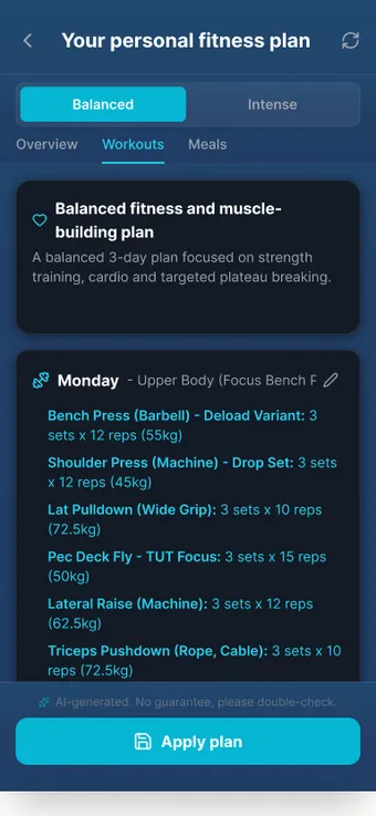 AI training plan in the app: two variants to choose from