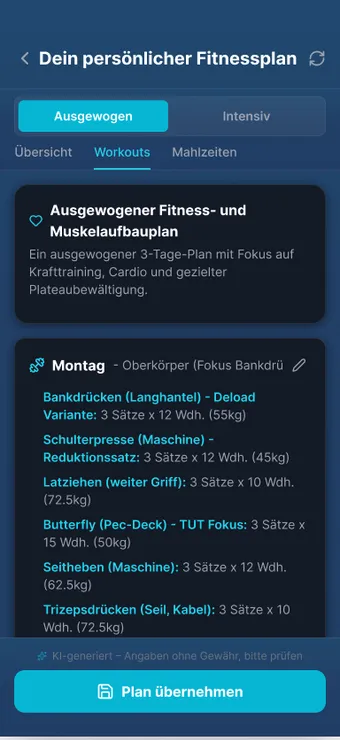 KI-Trainingsplan in der App: zwei Varianten zur Auswahl