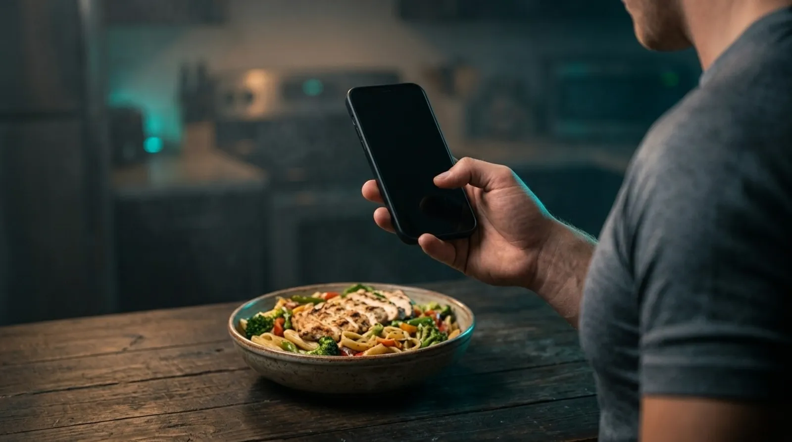 AI-generated scene: a hand photographs a bowl of pasta, chicken and vegetables with a smartphone