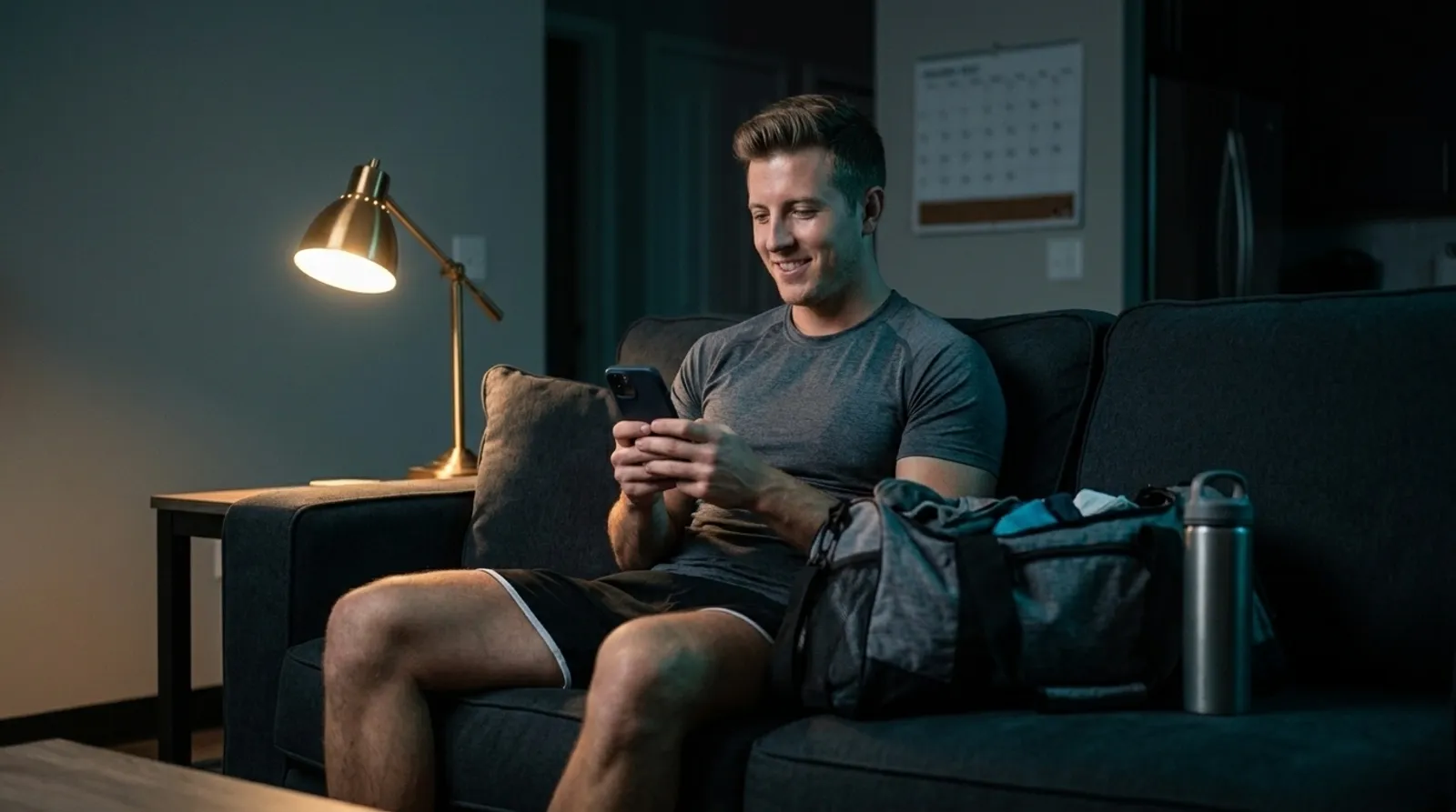 AI-generated scene: athlete on the sofa in the evening with his smartphone, packed gym bag next to him, a calendar on the wall