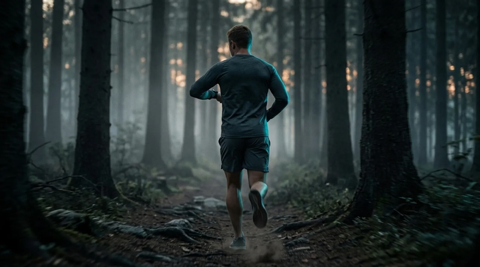 AI-generated scene: runner in a misty forest at dusk glancing at his smartwatch