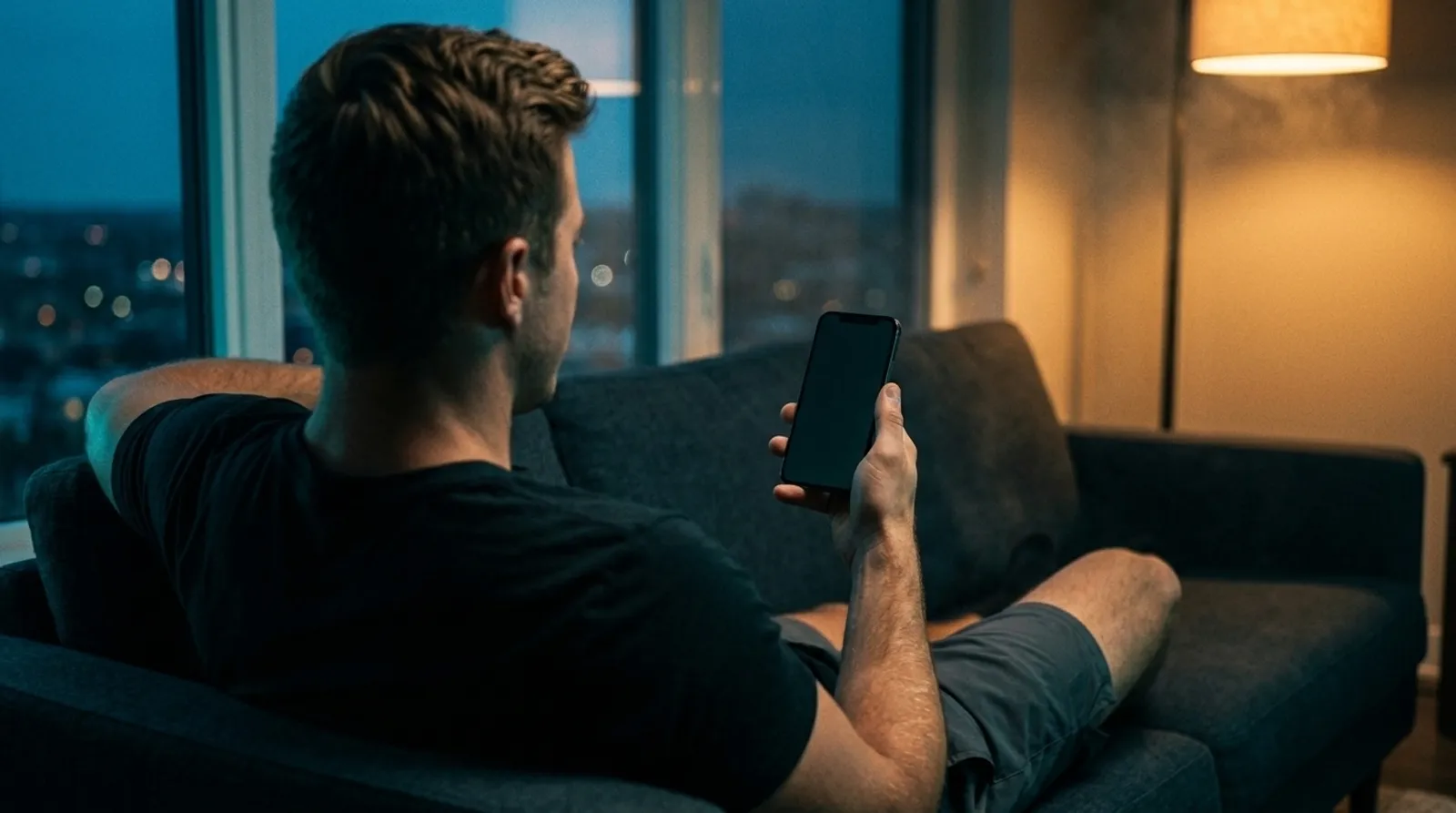 AI-generated scene: person relaxing on the sofa in the evening with a smartphone in hand
