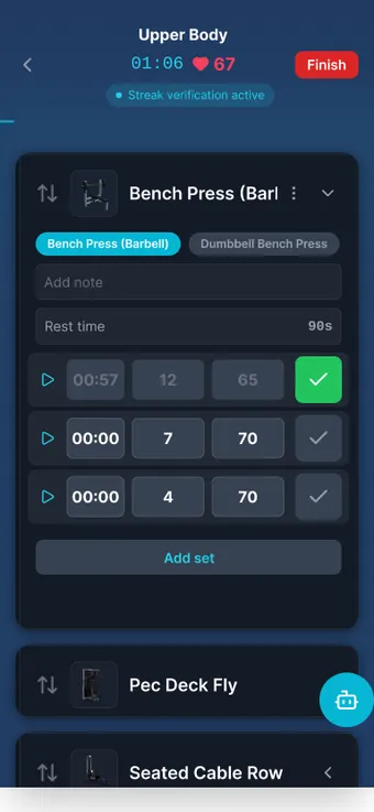 Live strength workout in the app with set list and rest timer